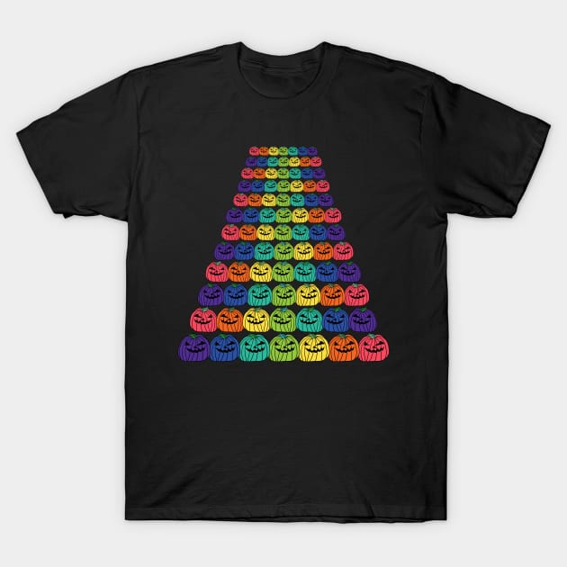 Ever Increasing Rows of Spooky Halloween Pumpkins in Rainbow Colors T-Shirt by ellenhenryart